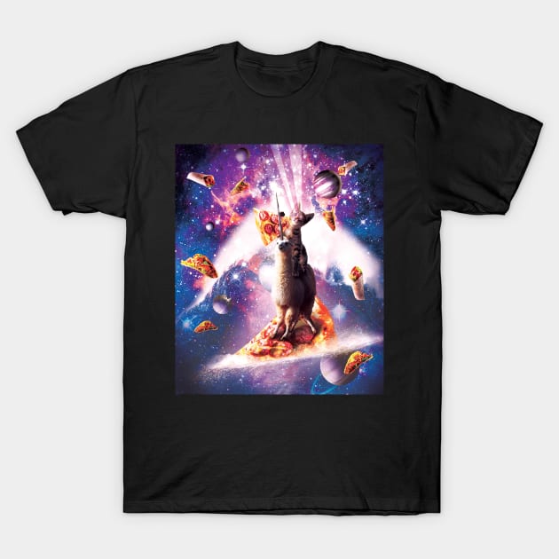 Laser Eyes Space Cat Riding On Surfing Llama Unicorn T-Shirt by Random Galaxy